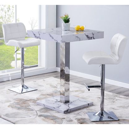 a0fa81f66da57dad02f418647d27341ba7bee64a479786d4eb965519f77e55a8.jpg An Image of Topaz Gloss Bar Table In Diva Marble Effect With 2 Candid White Bar Stools