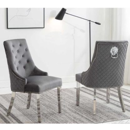 An Image of Chelsi Dark Grey Velvet Upholstered Dining Chair In Pair