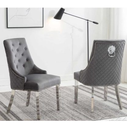 a27f486591e12d5cde3b3a9ee494dbf6663a7fc1d65aefec7f1ad6dc16eea4a5.jpg An Image of Chelsi Dark Grey Velvet Upholstered Dining Chair In Pair