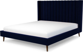 An Image of Cory Super King Size Bed, Prussian Blue Cotton Velvet with Walnut Stained Oak Legs