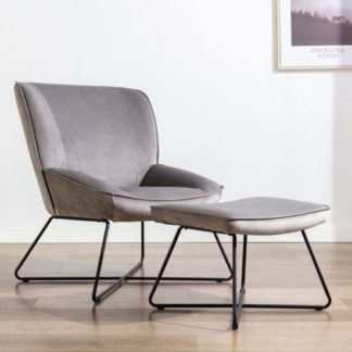 An Image of Teagan Velvet Upholstered Accent Chair In Grey With Footstool