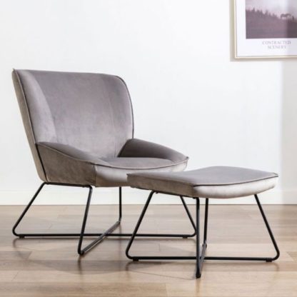 a51fa2c5ec39bbdc61fea7d8930203534ba7c98da5cf2af4d770aae5da4d2d25.jpg An Image of Teagan Velvet Upholstered Accent Chair In Grey With Footstool