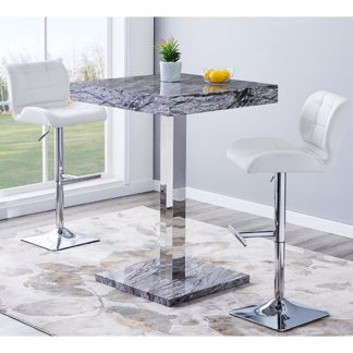 An Image of Topaz Gloss Bar Table In Melange Marble Effect With 2 Candid White Bar Stools