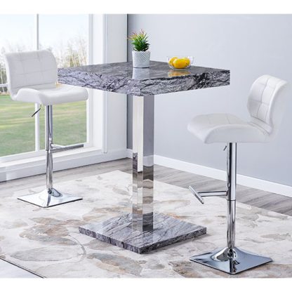 An Image of Topaz Gloss Bar Table In Melange Marble Effect With 2 Candid White Bar Stools