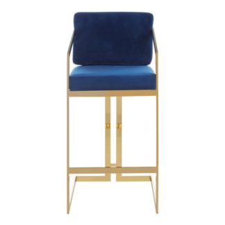 An Image of Azaltro Velvet Bar Stool In Blue With Gold Metalframe