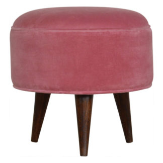 An Image of Aqua Velvet Nordic Style Footstool In Pink And Walnut