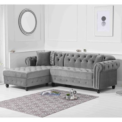 An Image of Bicasto Velvet Left Handed Chaise Corner Sofa In Grey
