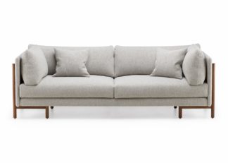 An Image of De La Espada Frame Medium Sofa Sahco Moss Grey Fabric Danish Oiled Walnut Legs