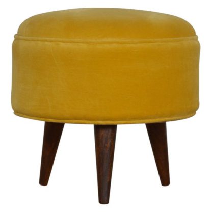 An Image of Aqua Velvet Nordic Style Footstool In Mustard And Walnut