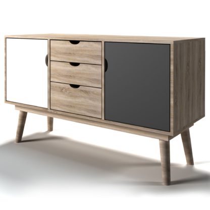 An Image of Scandi 3 Drawer Grey Sideboard Grey, Brown and White