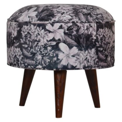 An Image of Aqua Velvet Nordic Style Footstool In Floral Printed And Walnut