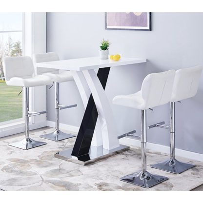 ade7e779e34a3cf79dc42eb7a8f1bac2ed236ea5ee4c5c01a2d0b895f650288a.jpg An Image of Axara Gloss Bar Table In White Black With 4 Candid White Stools