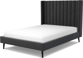 An Image of Cory Double Bed, Ashen Grey Cotton Velvet with Black Stained Oak Legs