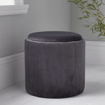 b4ac38452c0e58556e31472655e33118921cbc58fb4af31c5f6cc8bbecca8dec.jpg An Image of Bismarck Round Plush Velvet Stool In Grey
