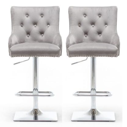 An Image of Chelsi Light Grey Velvet Upholstered Gas-Lift Bar Chairs In Pair
