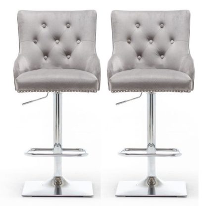 b510773d724fff6417cad799134e4616139cccd43de57027c56faaef3ee3e9b6.jpg An Image of Chelsi Light Grey Velvet Upholstered Gas-Lift Bar Chairs In Pair