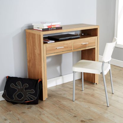 b560fd721b5c122b08c2ea2a989e7717e816b3d667c371bff9fbd21352ba7d63.jpg An Image of Regis Oak Hideaway Console Desk Natural