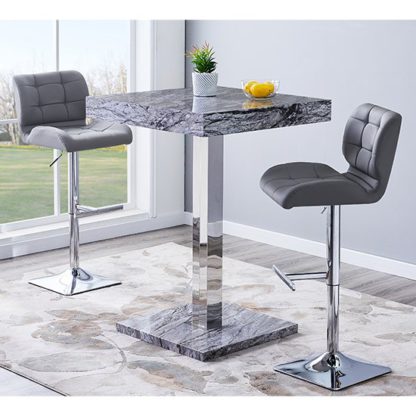 An Image of Topaz Gloss Bar Table In Melange Marble Effect With 2 Candid Grey Bar Stools