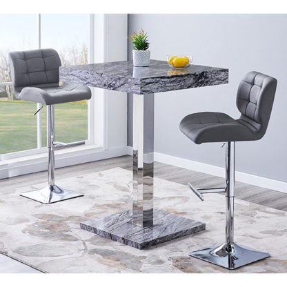 b767c41839500153dc43998fbbdbb1be0c5e74a4808cee3728deaca08577e888.jpg An Image of Topaz Gloss Bar Table In Melange Marble Effect With 2 Candid Grey Bar Stools