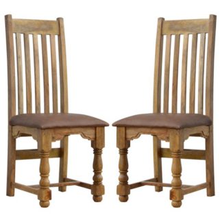 An Image of Granary Oak Ish Wooden Dining Chairs With Leather Seat In A Pair