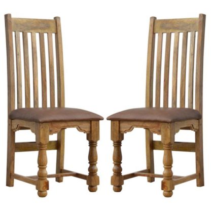 b93dc257fbe56dddcdf9c7f0a9380d33767d2f1cf76465c230f7cf9198760917.jpg An Image of Granary Oak Ish Wooden Dining Chairs With Leather Seat In A Pair