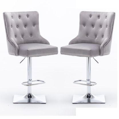 An Image of Kepro Light Grey Velvet Upholstered Gas-Lift Bar Chairs In Pair