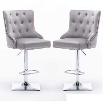 b97e0e30e4ee695e14d57bdeb57eec2930548103c0d57cb3186136ec1a0f3ed6.jpg An Image of Kepro Light Grey Velvet Upholstered Gas-Lift Bar Chairs In Pair