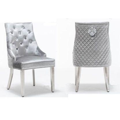 bc600fe644febc6e91e6dce3bbbe6fee1020715f569661956684e4a2614f56c9.jpg An Image of Chelsi Shimmer Grey Velvet Upholstered Dining Chair In Pair