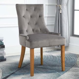 An Image of Lauren Velvet Dining Chair In Grey With Oak Legs