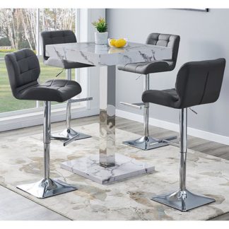 An Image of Topaz Gloss Bar Table In Diva Marble Effect With 4 Candid Grey Bar Stools