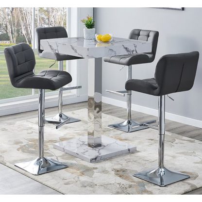 bccb7ec689060581fbbc6bc7345231c1541652fa9651d21dbb753712881a2b73.jpg An Image of Topaz Gloss Bar Table In Diva Marble Effect With 4 Candid Grey Bar Stools