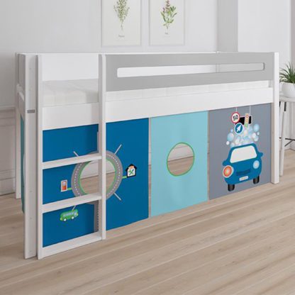 c0d12079b461ec65e889135b2c38581571e538dfe99ae7b1d66fc6e1532e285c.jpg An Image of Morden Kids Mid Sleeper Bed In Silver Grey With Carwash Curtain