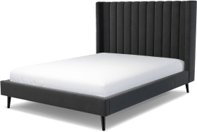 An Image of Cory King Size Bed, Ashen Grey Cotton Velvet with Black Stained Oak Legs
