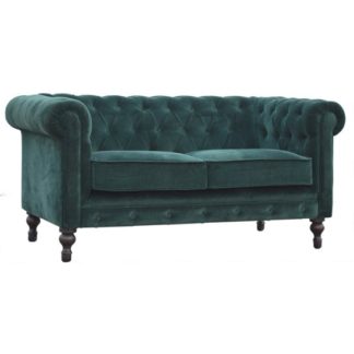 An Image of Aqua Velvet 2 Seater Chesterfield Sofa In Emerald Green