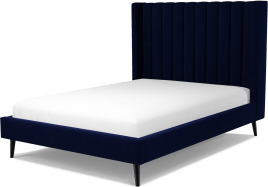 An Image of Cory Double Bed, Prussian Blue Cotton Velvet with Black Stained Oak Legs