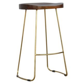 An Image of Frankston Wooden Bar Stool In Chestnut With Gold Metal Legs