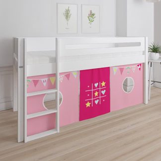 An Image of Morden Kids Mid Sleeper Bed In Snow White With Bunting Curtain