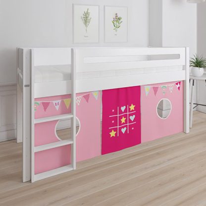 d6e098a1517e638e19ec91bbacae7f9d22e9f6306379c0a6e7cfca9dff58312f.jpg An Image of Morden Kids Mid Sleeper Bed In Snow White With Bunting Curtain