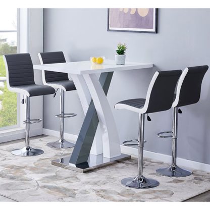 An Image of Axara Bar Table In White And Grey Gloss With 4 Ritz Grey Stools