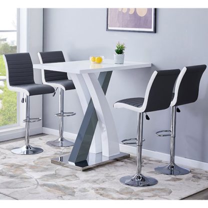 d77773bfe2e7bfc19b79c38b347918e81b153fe586d27526b77094222c440cf0.jpg An Image of Axara Bar Table In White And Grey Gloss With 4 Ritz Grey Stools