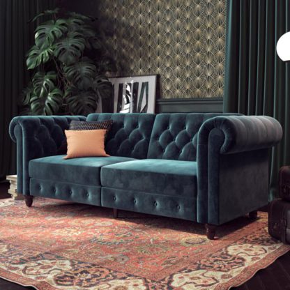 An Image of Felix Chesterfield Velvet Upholstered Sofa Bed In Blue