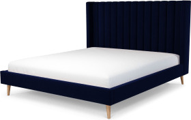 An Image of Cory Super King Size Bed, Prussian Blue Cotton Velvet with Oak Legs