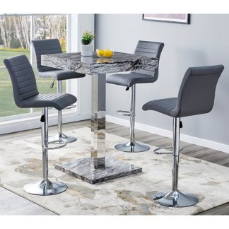 An Image of Topaz Gloss Bar Table In Melange Marble Effect With 4 Ripple Grey Bar Stools