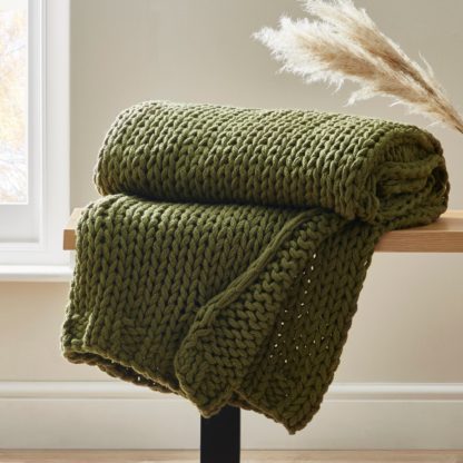 An Image of Chunky Homemade Olive Knit Throw Olive (Green)