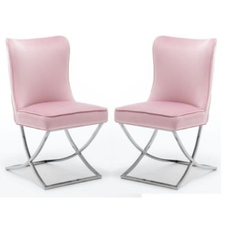 An Image of Baltec Pink Velvet Upholstered Dining Chair In Pair