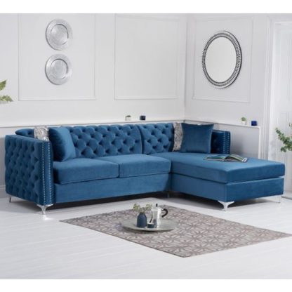 e8e88a5af101baabfd39ef958acb92719fd8ec4b1df0aaa1747c8b58307f0b1d.jpg An Image of Maxo Velvet Upholstered Right Handed Chaise Corner Sofa In Blue
