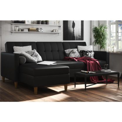 ea4809bbee4f3416a8b4e47386faf747706c4ca850a6106de621fafe4ea49ebe.jpg An Image of Hartford Sectional Faux Leather Storage Chaise Sofa Bed In Black