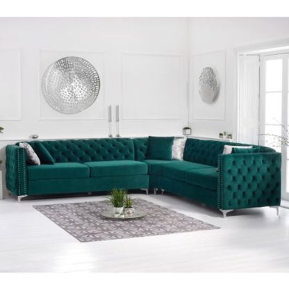ec5b6747c54e7e0897b5164c80ba36d494f13b407018f392381554edbe4cfac5.jpg An Image of Maxo Velvet Upholstered Corner Sofa In Green