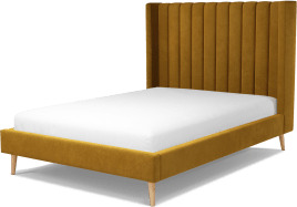 An Image of Cory Double Bed, Dijon Yellow Cotton Velvet with Oak Legs