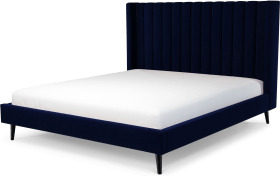 An Image of Cory Super King Size Bed, Prussian Blue Cotton Velvet with Black Stained Oak Legs